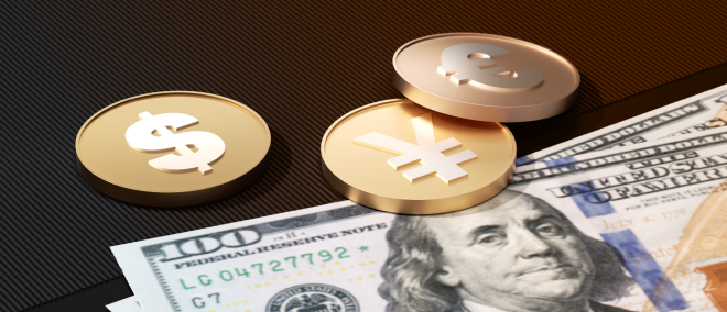 Image of US dollar, euro, and yen currency symbols on gold coins placed over a US $100 bill, representing global currency exchange and forex markets.