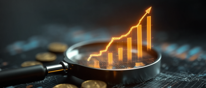 Magnifying glass highlighting an upward stock chart trend, symbolising investment idea discovery and market opportunities