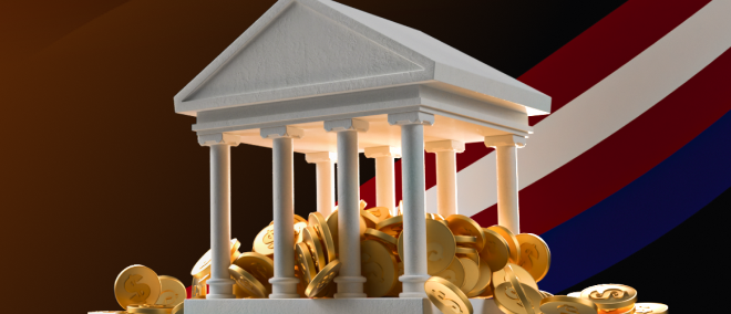 3D illustration of the US Capitol-style building surrounded by gold coins, representing government bonds, fiscal policy, and the bond market