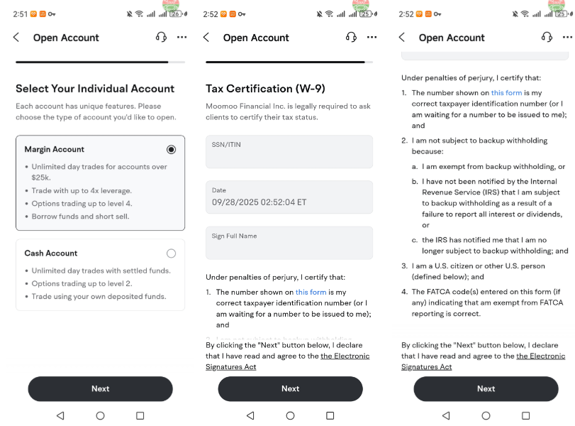 Choose an account type and confirm your tax certification