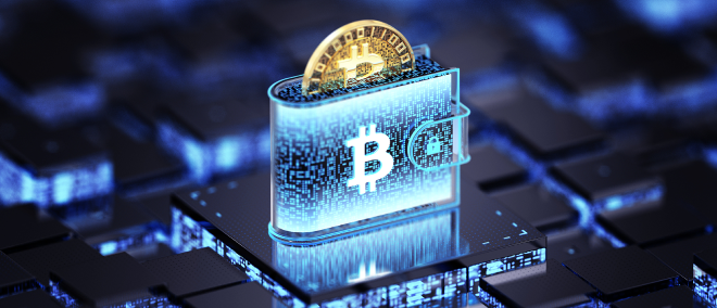Digital illustration of a Bitcoin coin emerging from a glowing wallet labeled “BTC,” set on a futuristic circuit-board background, representing cryptocurrency storage, blockchain technology, and digital assets.
