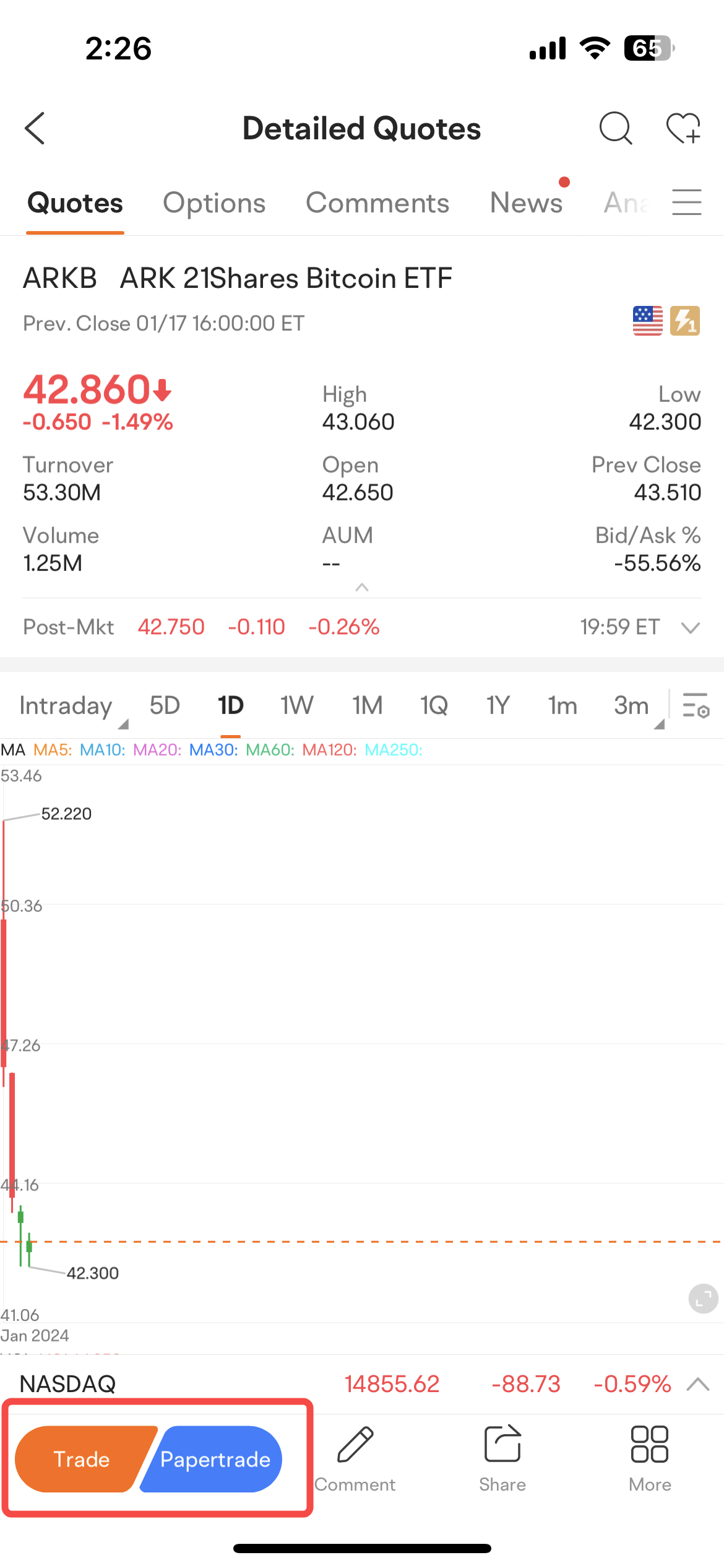 Place Bitcoin ETF order in moomoo