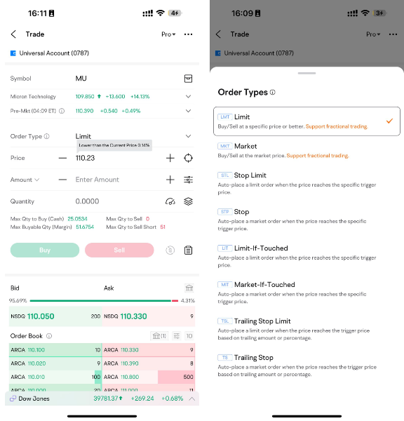 Select either a limit or market order