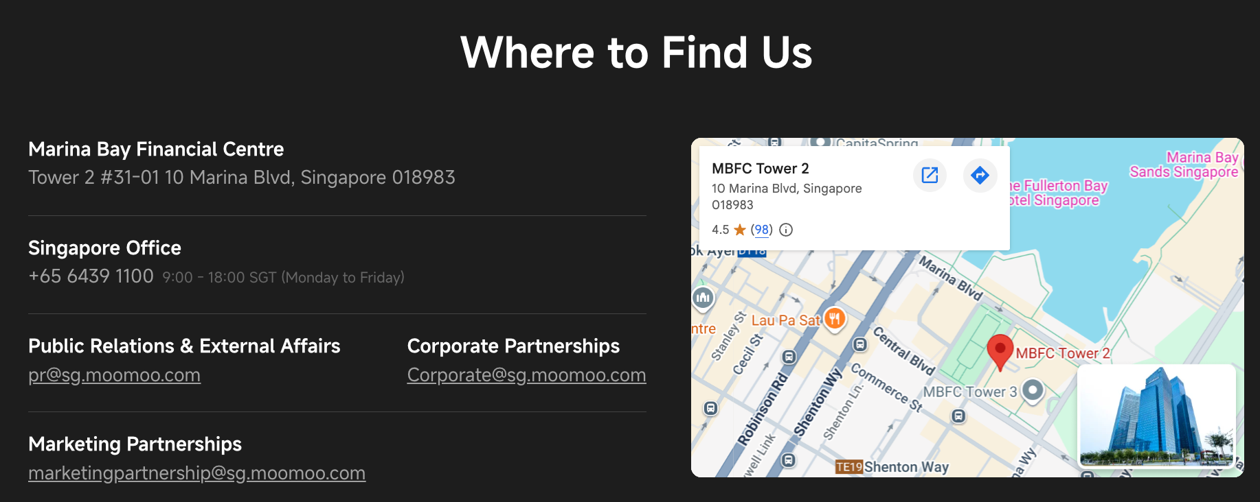 moomoo 新加坡办公室位置地图，联系信息位于 MBFC Tower 2 Marina Bay Financial Centre
